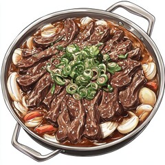 Wall Mural - traditional Korean Bulgogi (Grilled Marinated Beef) presented on a wide dish or grill pan