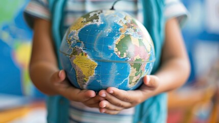 A close-up of a studenta??s hands holding a globe during a geography lesson.