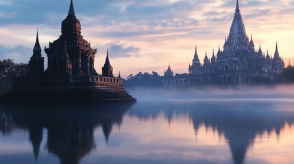 A serene view of the most beautiful temple in the world at dawn, with the early morning light casting a soft glow over its intricate architecture.