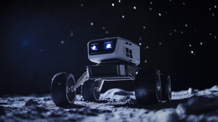 A sleek moon robot navigates the harsh environment of the moon, its robust design allowing it to endure extreme temperatures and rough terrain.