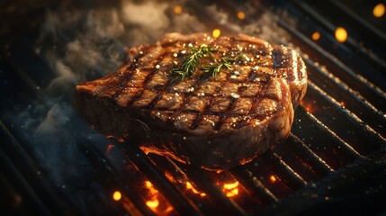 Poster - A photorealistic depiction of a beef steak grilling, capturing vivid light and shadow in a graceful style