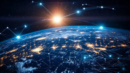 Global communication technologies: digital tech featuring wireless network connections across the globe. The Earth in space with internet connectivity, showcasing a futuristic web of networking. 