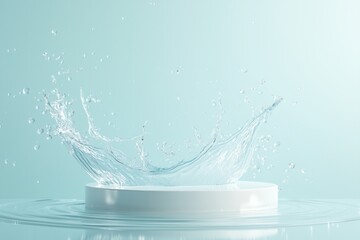 a white podium with a wave of splashes on a gently braided background