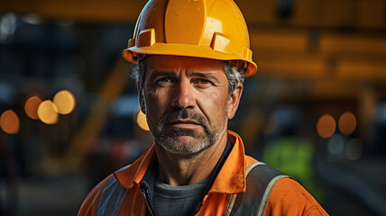 Close-up portrait of a construction worker wearing an orange hard hat and vest, standing in an industrial setting with a serious expression.