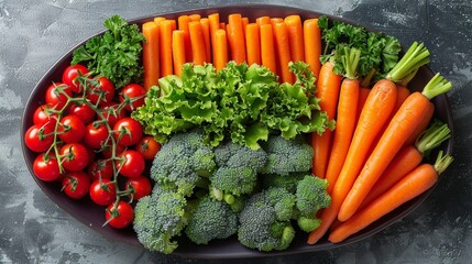 Plate arranged to look like a garden, with carrot sticks as trees, broccoli as bushes, and cherry tomatoes as flowers, making healthy eating imaginative and fun.