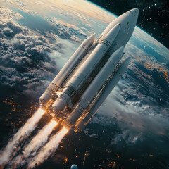 Wall Mural - heavy reusable rockets launching into space, featuring stage separation. the reusable rocket stages 