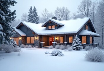 Wall Mural - Craftsman style home with snow covered roof and frosty windows in a serene winter setting