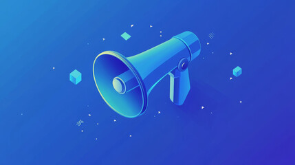 Blue futuristic isometric flat megaphone on a blue backdrop. Vector illustration for web design, marketing, and social media concepts.