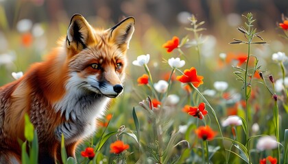 Vibrant red fox roaming through a colorful field of blooming spring flowers