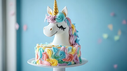 A whimsical birthday cake shaped like a unicorn stands tall at the party.