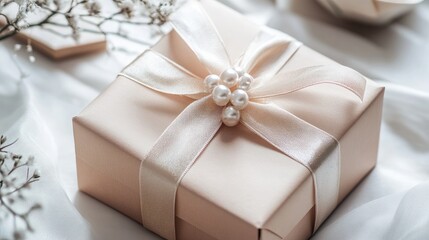 A beautifully wrapped wedding gift box with a pearl ribbon, placed on a white table.