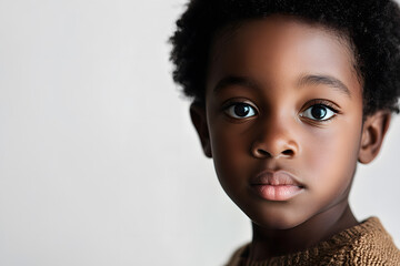 A close-up portrait of an African small boy with black skin against a white background