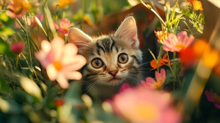 A small kitten explores its surroundings, partially hidden among colorful wildflowers, showcasing its bright eyes and playful curiosity in a sunny field