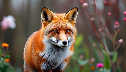 Wall Mural - Vibrant red fox gracefully poised in a blooming spring garden