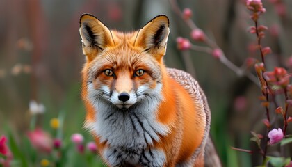 Wall Mural - Vibrant red fox gracefully poised in a blooming spring garden