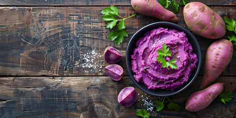 Purple Mashed Potatoes in Rustic Bowl with Garnish