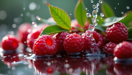 Fresh Raspberries with Water Splashes