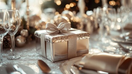 A luxurious silver gift box with a bow, placed on a table set for an elegant dinner.