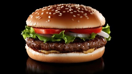 A perfectly grilled beef patty with lettuce, tomato, and onion on a sesame seed bun.