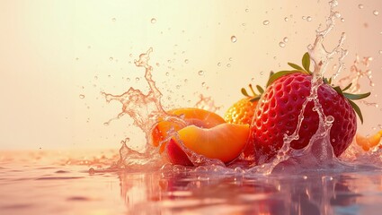 Fresh Fruit Splash in Water with Golden Light