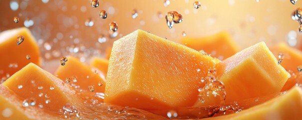 Refreshing Papaya Chunks with Water Droplets - Tropical Fruit Energy 3D Illustration