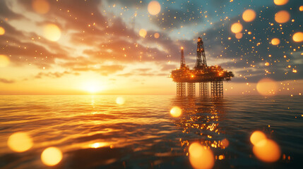 An offshore oil drilling platform at dawn, with a picturesque backdrop for the oil industry. The rig is lit by lanterns and spotlights, with a split view showing both above and below the water surface