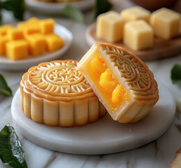 high-quality photograph of two small, yellow-colored mooncakes with the traditional design and logo on their surface. One is cut in half to reveal its interior filled with orange mango puree. 