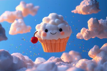 Sticker - Smiling Cupcake Floating Through the Clouds