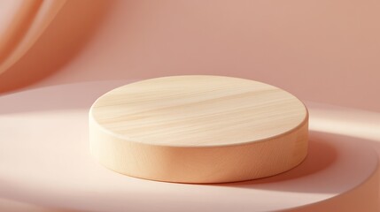 Wall Mural - a round light wood podium is centered on a soft pastel-colored backdrop, emphasizing a clean, minima