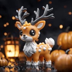 Poster - Cute Cartoon Deer Figurine with Autumnal Background