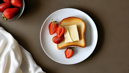 Wall Mural - Minimalist breakfast featuring buttered toast topped with fresh strawberry on a sleek white plate