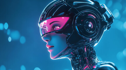 Wall Mural - Female robot with AI soaring in the cyberspace realm of the metaverse. Cyborg in virtual data space. Stunning female android. Artificial intelligence technology digital abstract conceptual banner. 