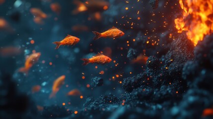 Poster - Create a dramatic underwater scene where a school of fish swims through a field of volcanic ash.