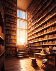 Wall Mural - Abstract library scene with shelves full of books and warm light