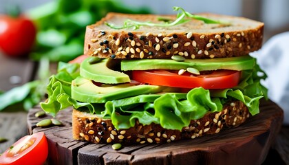 Delicious turkey sandwich featuring avocado, lettuce, tomato slices, and hearty seeded bread on a rustic wooden board