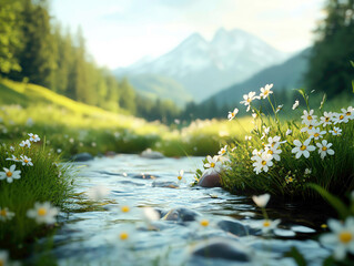 Mountain stream flowing through a forest with wildflowers in bloom, 3D illustration