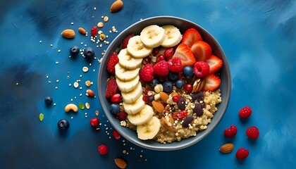 Wall Mural - Vibrant quinoa breakfast bowl topped with fresh berries, banana slices, and mixed nuts against a striking blue backdrop