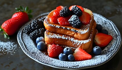 Delicious French toast adorned with fresh strawberries, blueberries, and blackberries, elegantly dusted with powdered sugar on a decorative plate