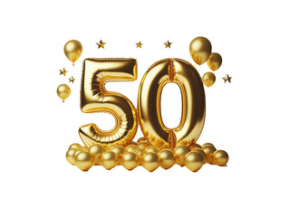 Golden balloon with the anniversary number 50 and stars on a transparent background