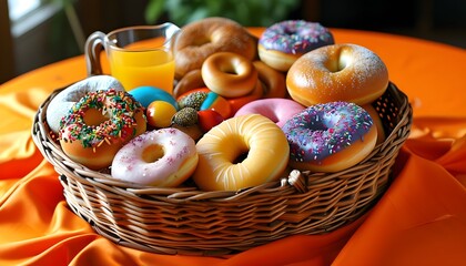 Canvas Print - Delightful assortment of bagels and colorful donuts in a wicker basket on a vibrant orange tablecloth