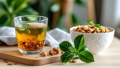 Herbal tea and granola bowl on light wooden table with lush green plant