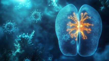 Poster - This digital illustration showcases the interaction between viral cells and human lungs