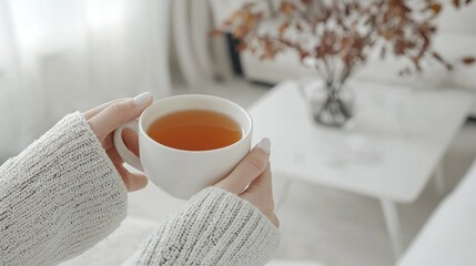 Woman s Hands Holding a Cup of Tea in a Cozy Interior