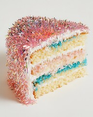 Wall Mural - A slice of cake decorated with pink and blue frosting and colorful sprinkles.