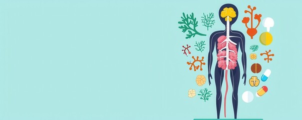 Design a flat layout of the endocrine system, side view, medical theme, animation, Split-complementary color scheme
