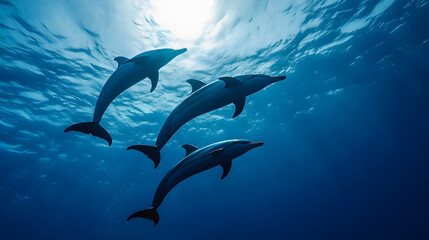 Poster - Joyful dolphins dance through the sparkling, azure ocean