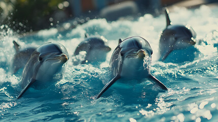 Poster - Joyful dolphins dance through the sparkling, azure ocean