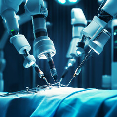 Robotic surgery:robot surgeon performs surgery on a patient lying on the operating table.Robotic arms hold the surgical instruments, showcasing modern medical technologies and innovations in medicine.