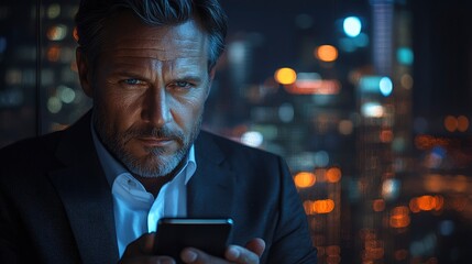 Businessman using smartphone in city at night