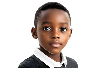 Wall Mural - A close-up portrait of an African small boy with black skin against a white background